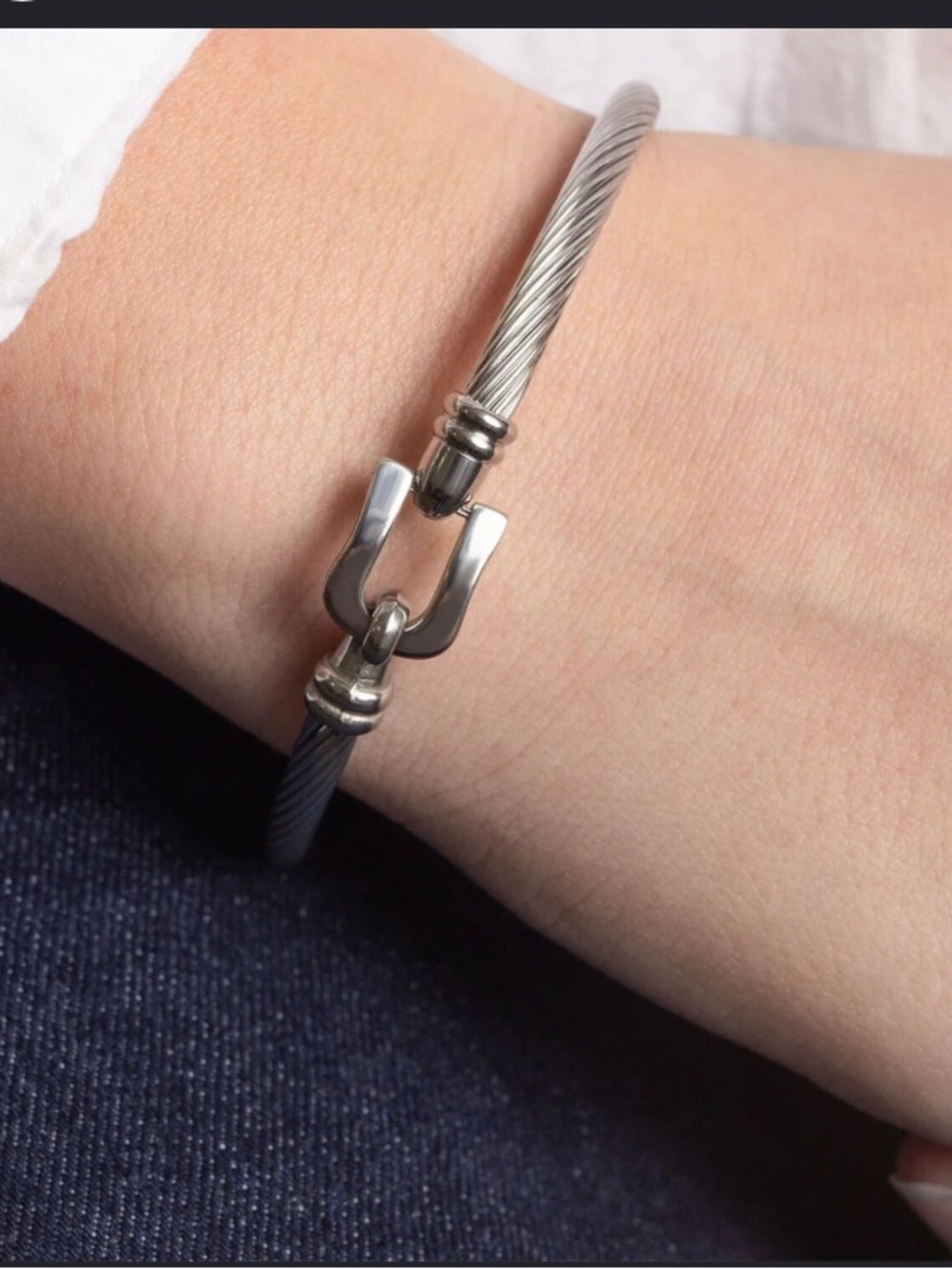 Silver Stainless Steel Buckle and Hook Twisted Cable Bracelet.